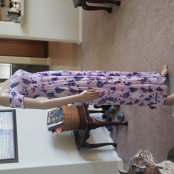 Shosho L off shoulder smocked upper peekaboo dual deep slits tropical maxi - Picture 6 of 9